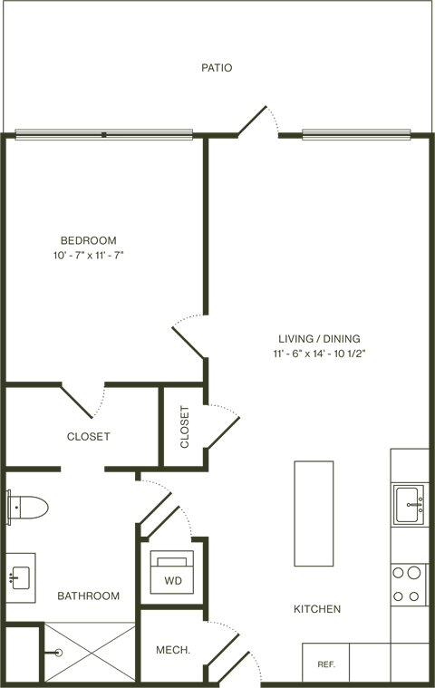 Floor plan for 1 bed, 1 bath, 651 sqft